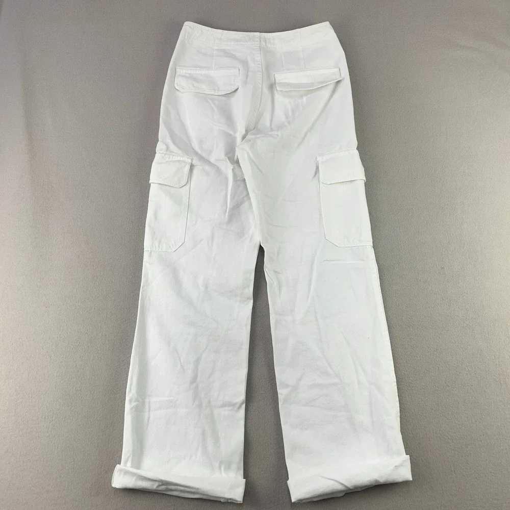Zara Cargo Pants Women 4 White Straight Leg Utility Pockets High Rise Loose Fit